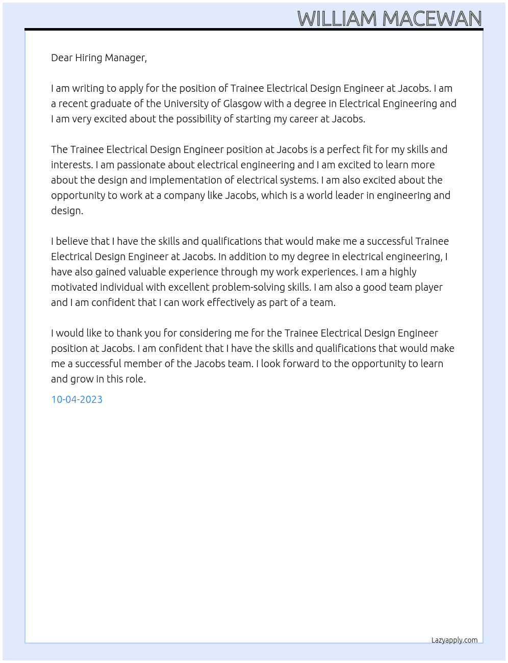 Trainee Electrical Design Engineer At Jacobs Cover Letter