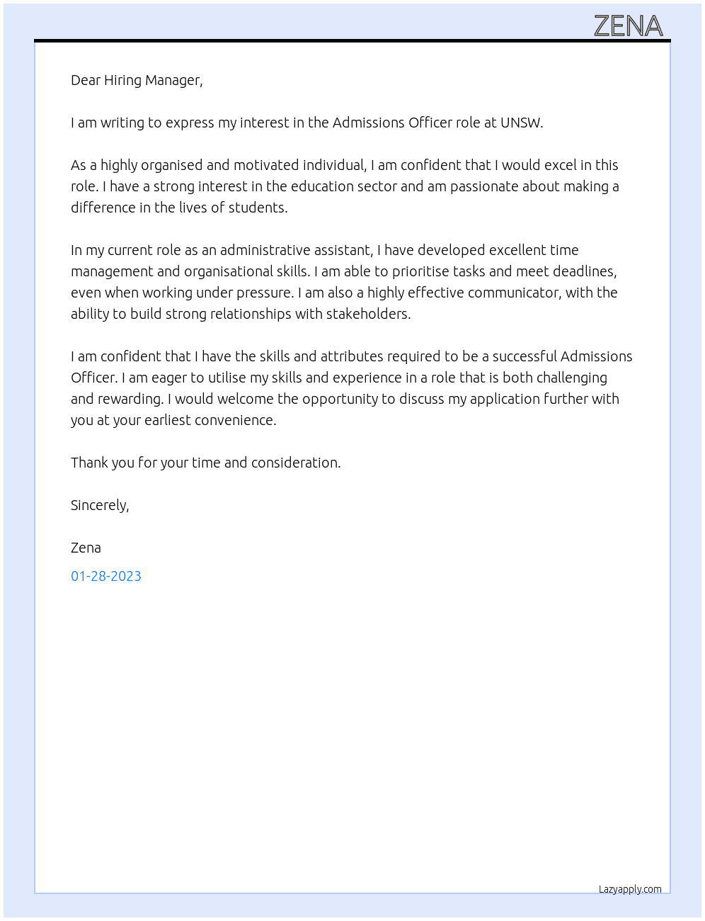 Admissions officer  At UNSW  Cover Letter