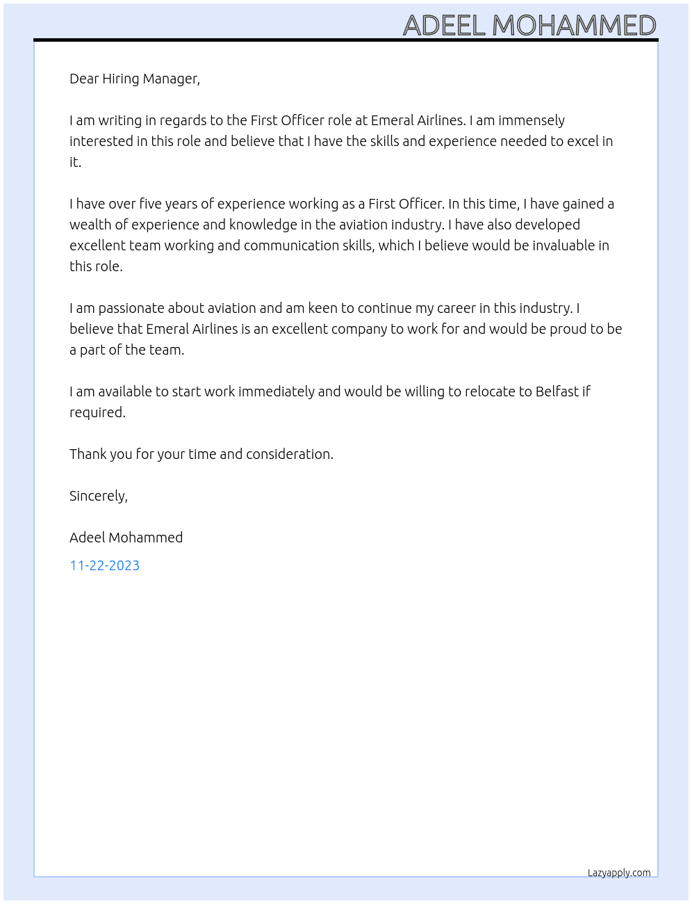 First offocer At Emeral airlines Cover Letter