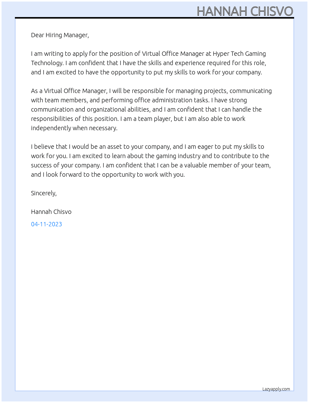 Virtual Office Manager At Hyper Tech Gaming Technology Cover Letter