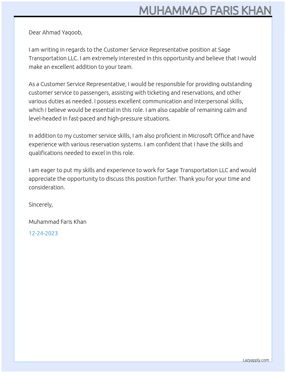 Customer Service Representative At Sage Transportation LLc.  Cover Letter