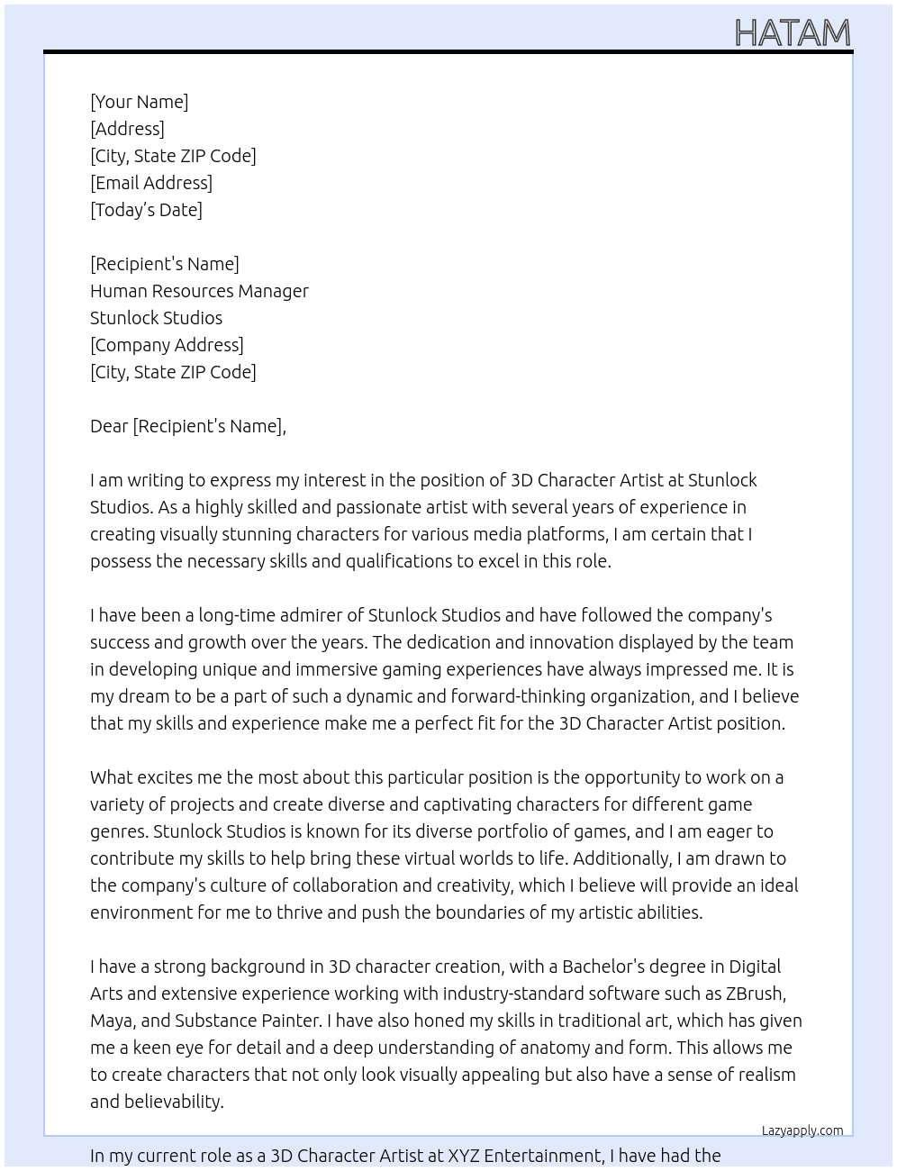 3D character artist At Stunlock studios Cover Letter