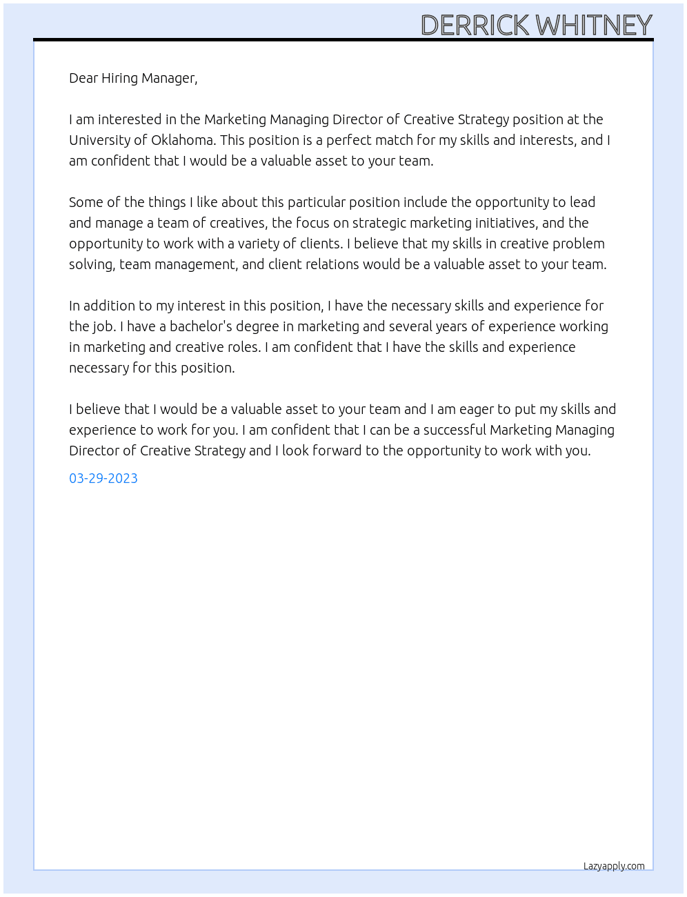 Marketing Managing Director of Creative Strategy At University of oklahoma Cover Letter