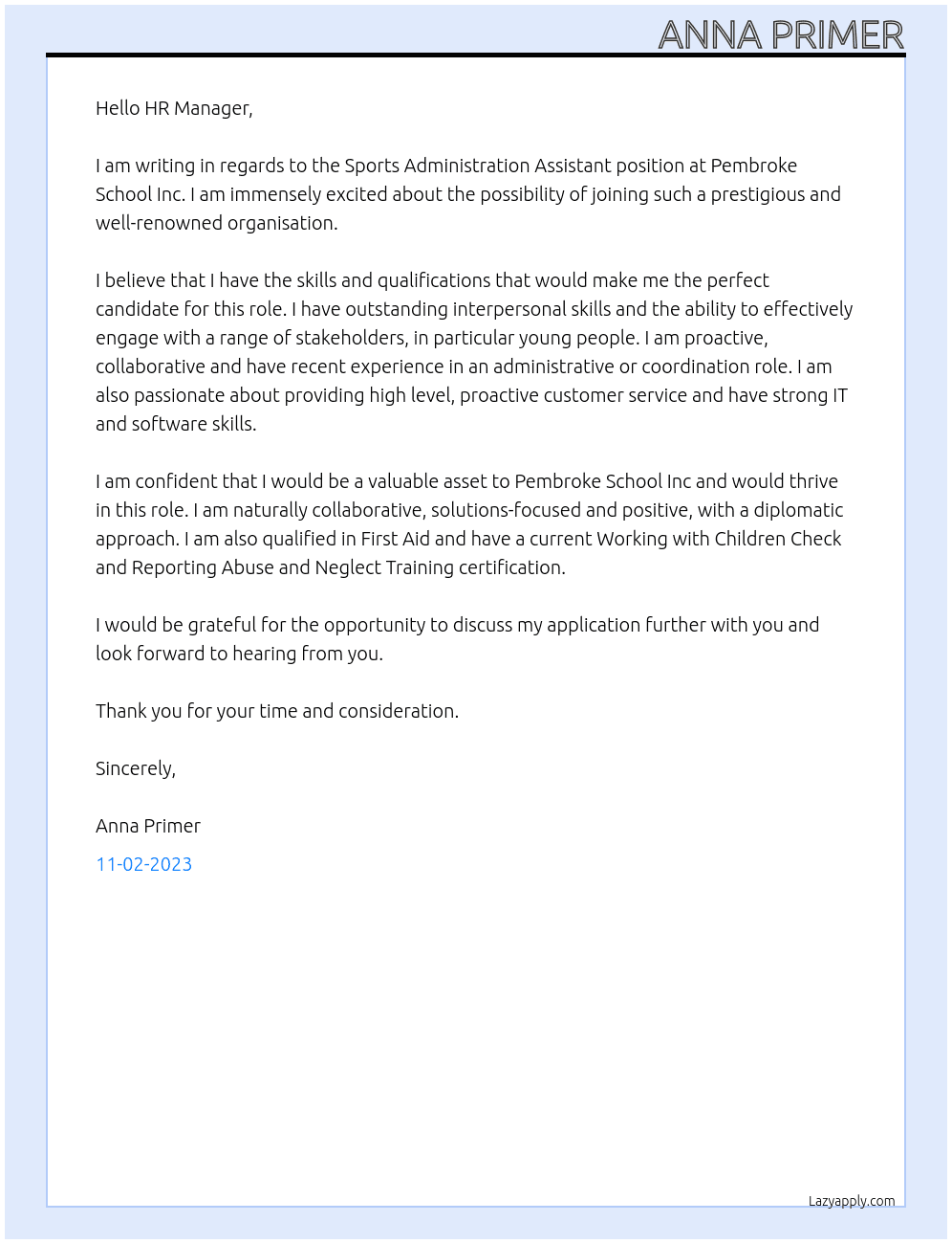 Sports Administration Assistant  At Pembroke School Inc Cover Letter