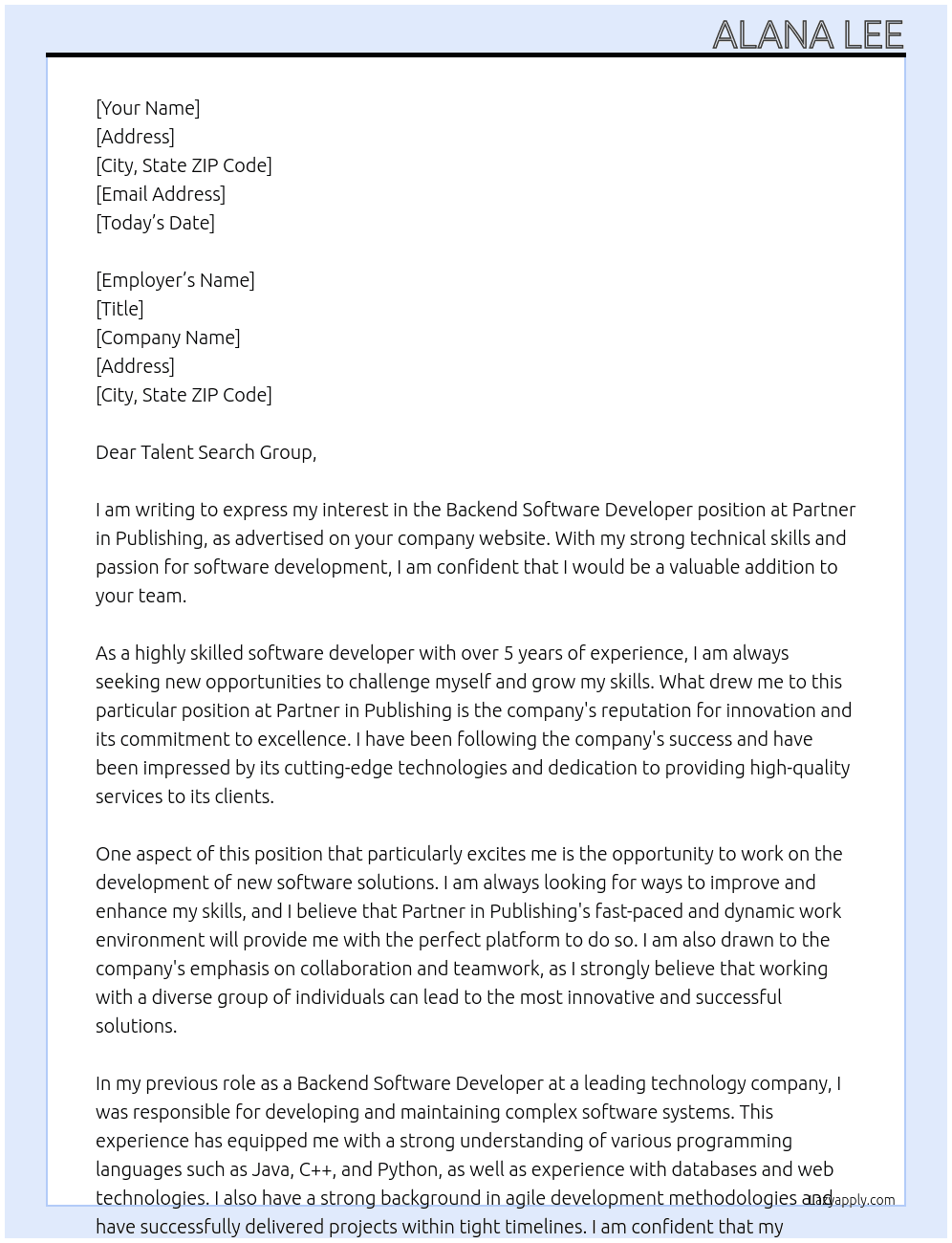 Backend Software Developer At Partner in Publishing Cover Letter