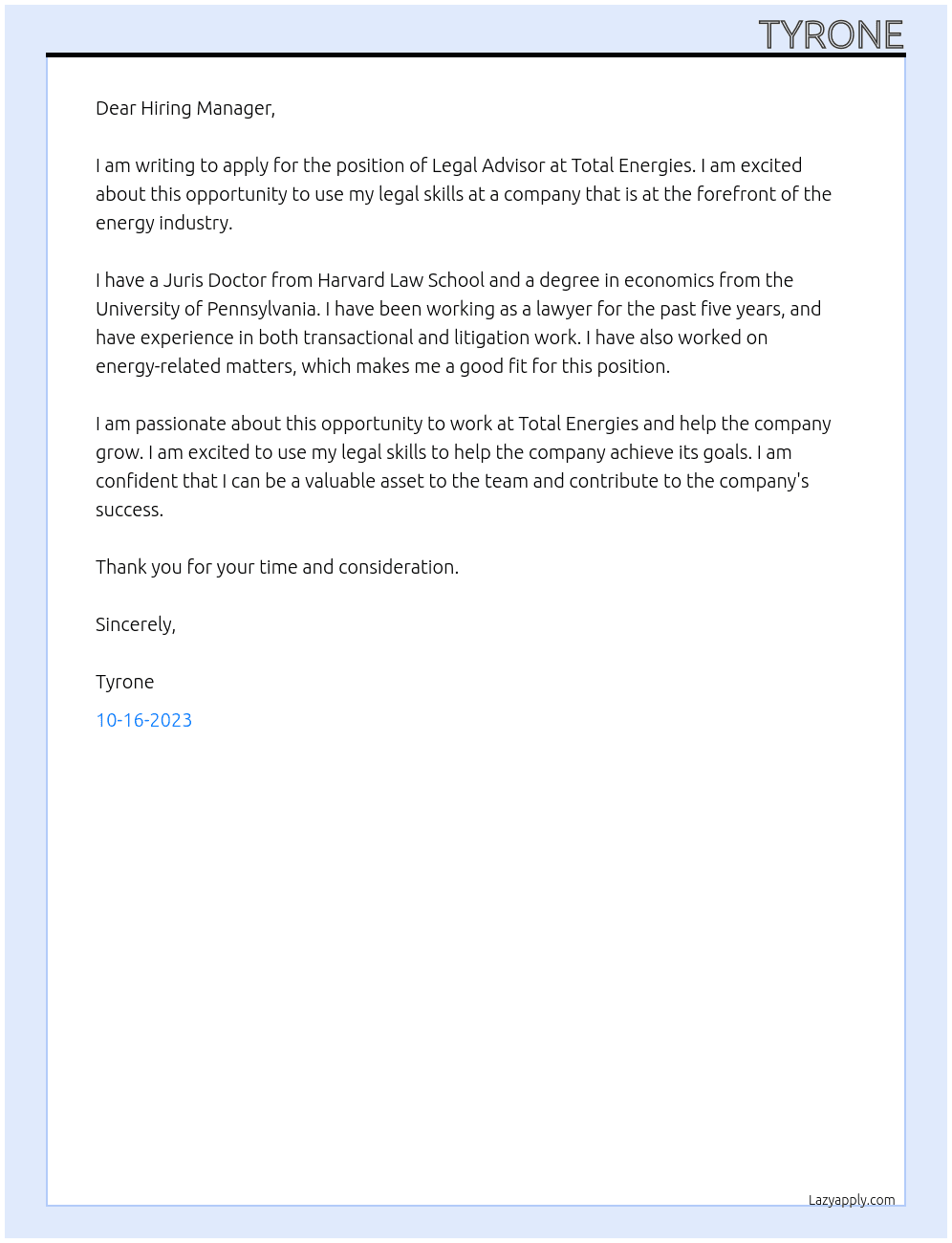 Legal Advisor At Total Energies  Cover Letter