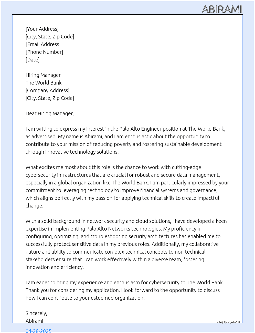 Pala Alto Engineer At The World Bank Cover Letter