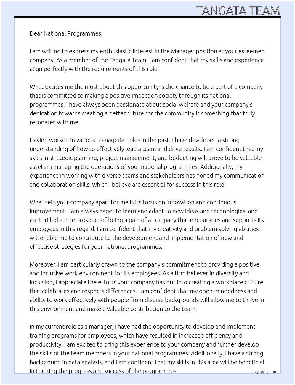 Manager At National Programmes Cover Letter