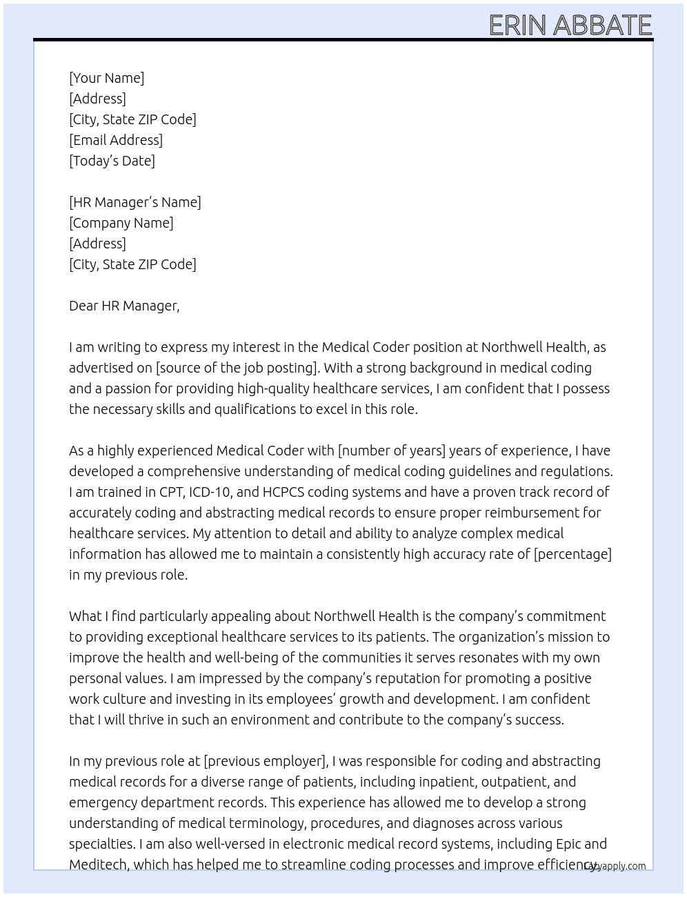 Medical Coder At Northwell Health Cover Letter