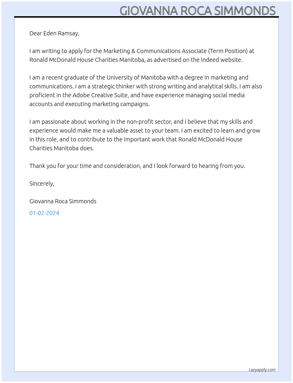  Marketing & Communications Associate (Term Position) At Ronald McDonald House Charities Manitoba Cover Letter
