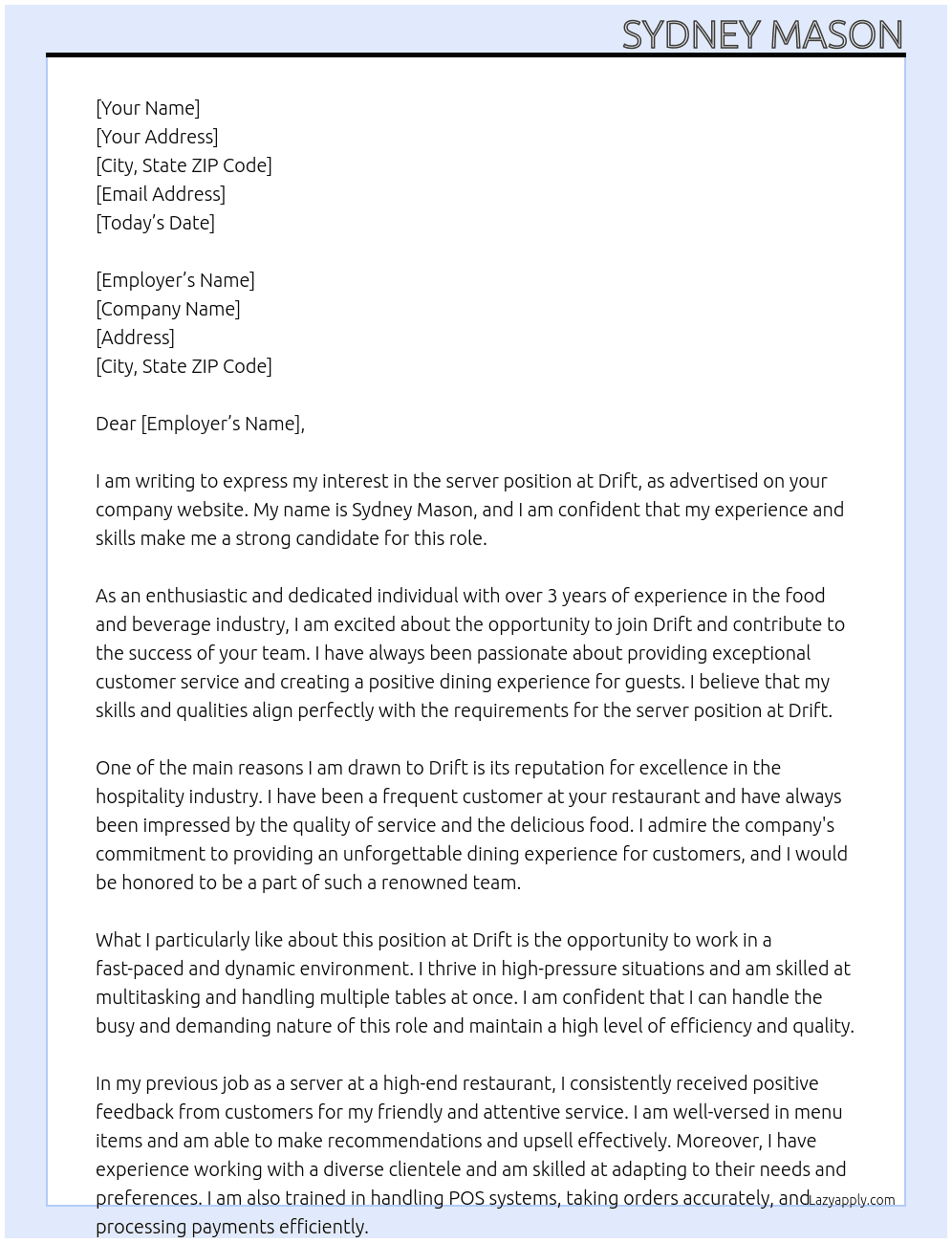 server At Drift Cover Letter