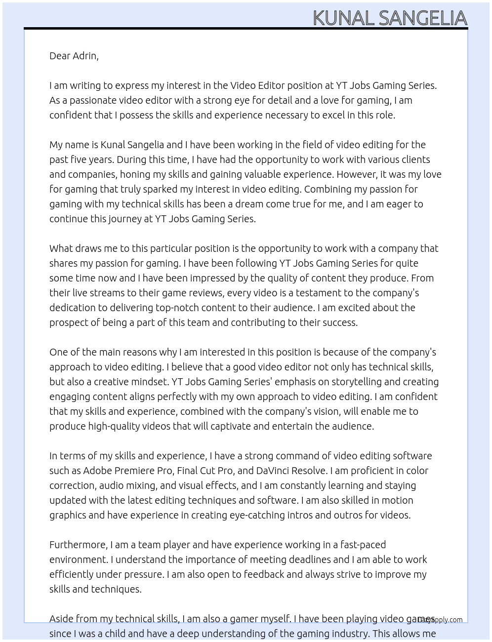 Video Editor At YT Jobs Gaming Series Cover Letter