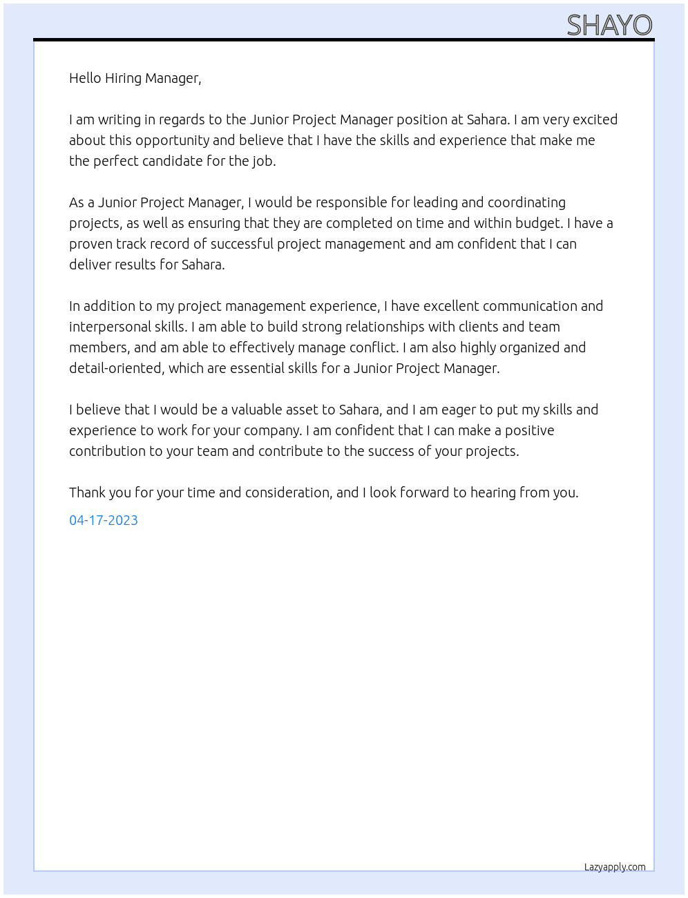 junior Project Manager At sahara Cover Letter