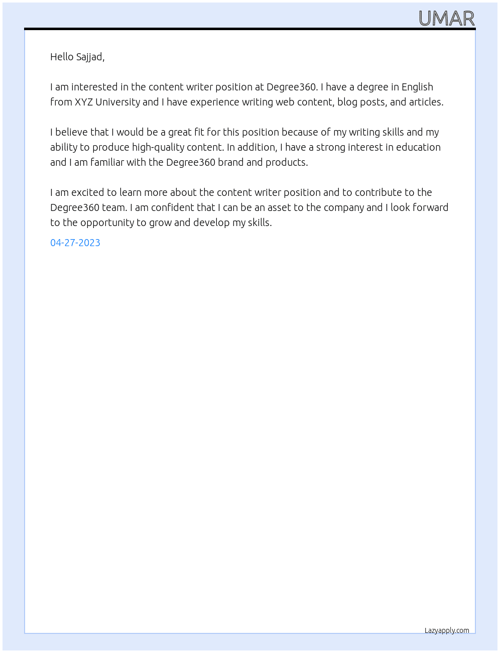 Content Writer At Degree360 Cover Letter