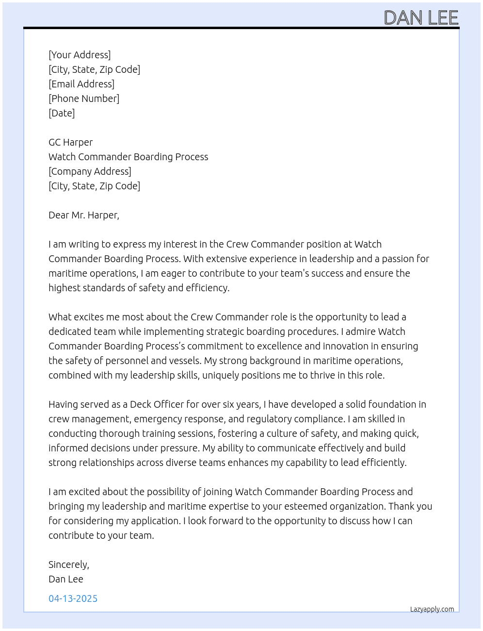 Crew Commander  At Watch Commander Boarding Process Cover Letter