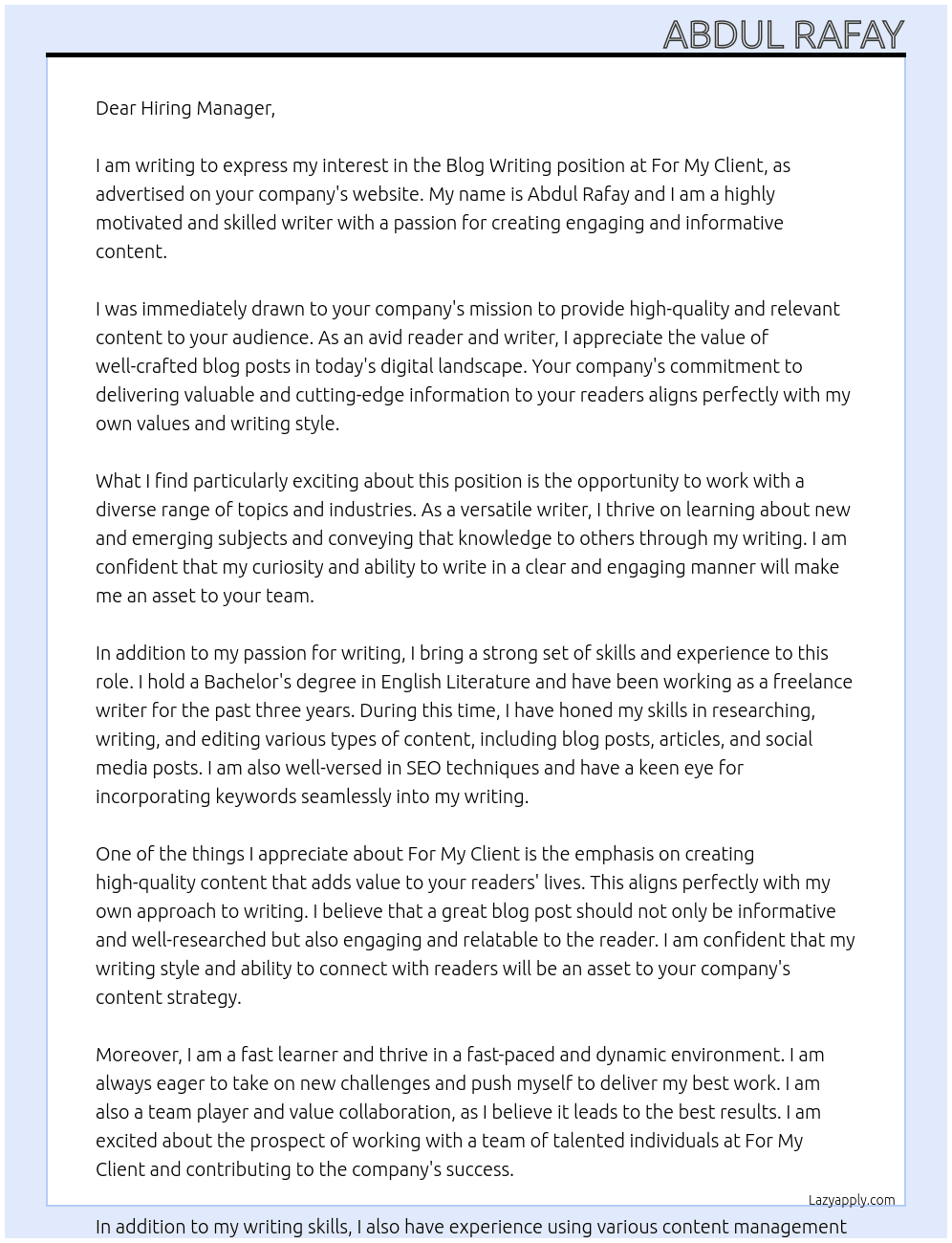 blog writing At for my client Cover Letter