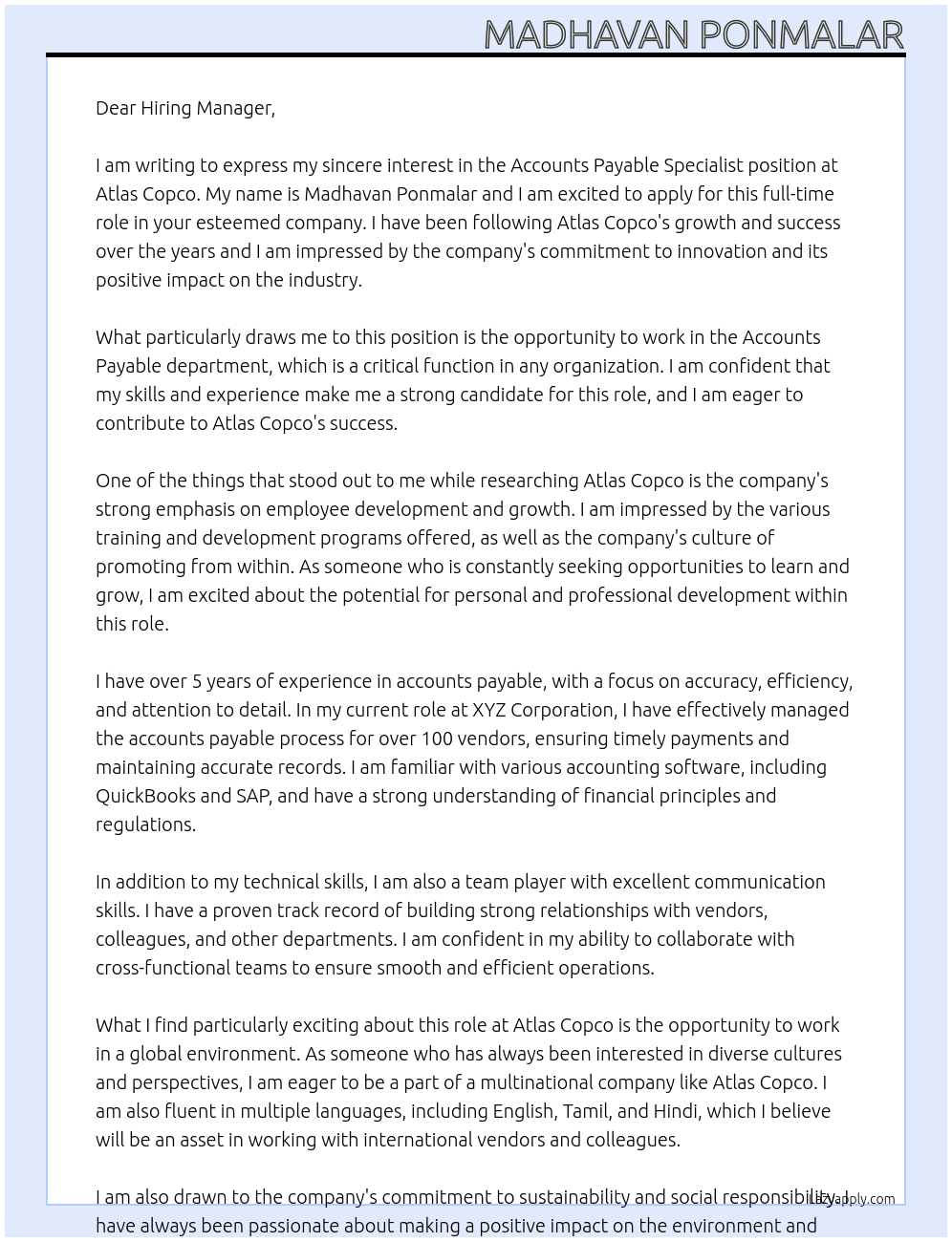 Accounts Payable Specialist  At Atlas Copco Cover Letter
