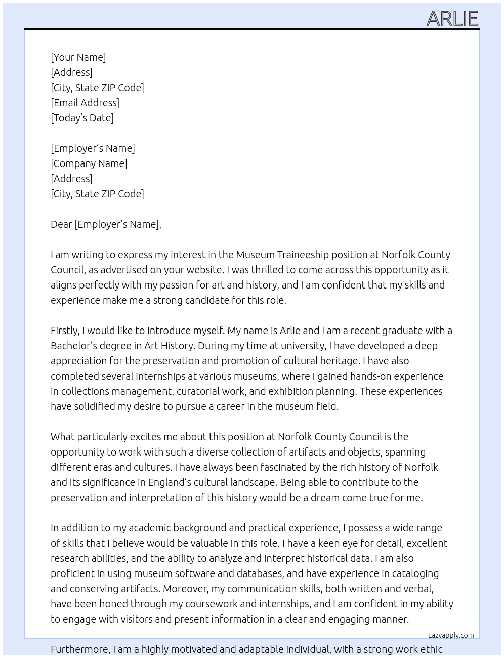 Cover letter for museum traineeship - LazyApply