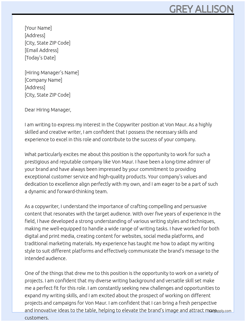 Copywriter  At Von Maur Cover Letter