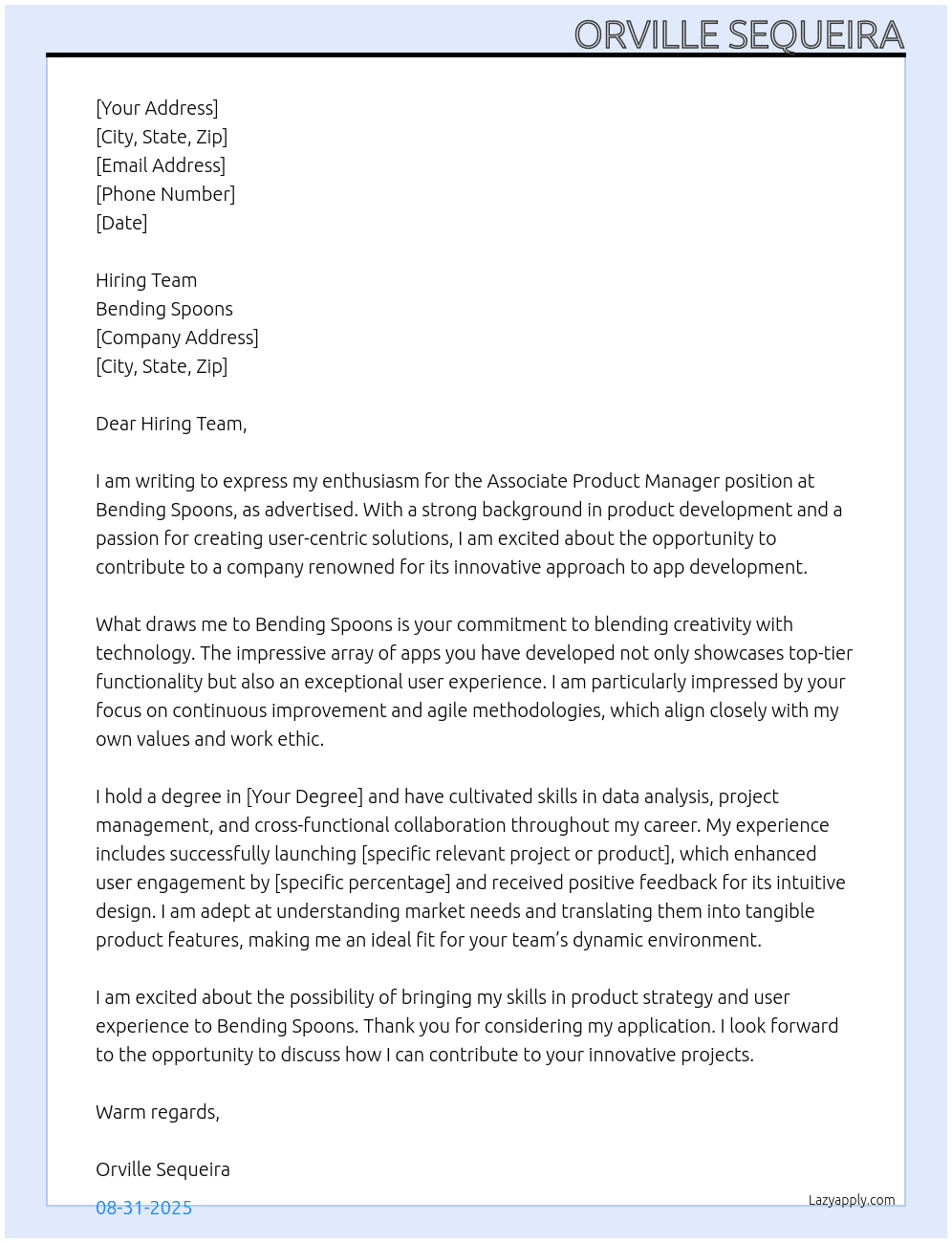 Associate Product Manager  At Bending Spoons Cover Letter