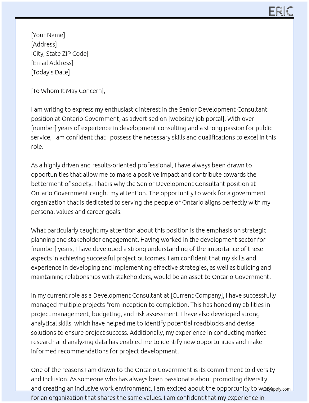 Senior Development Consultant At Ontario Government Cover Letter
