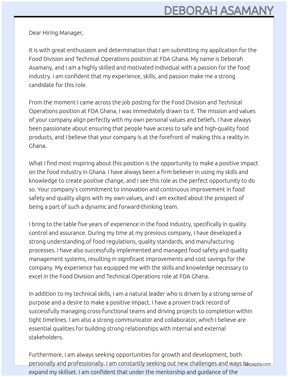 FOOD DIVISION and TECHNICAL OPERATIONS At FDA GHANA Cover Letter