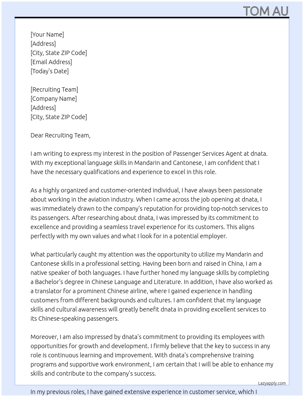Passenger Services Agent At dnata Cover Letter