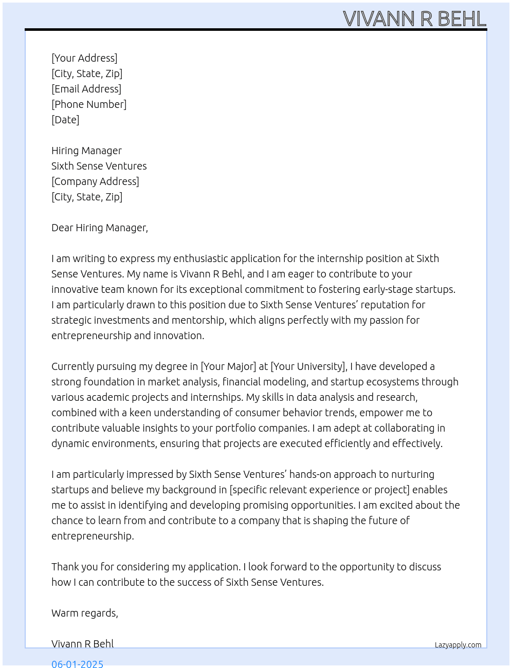 internship At Sixth Sense Ventures Cover Letter