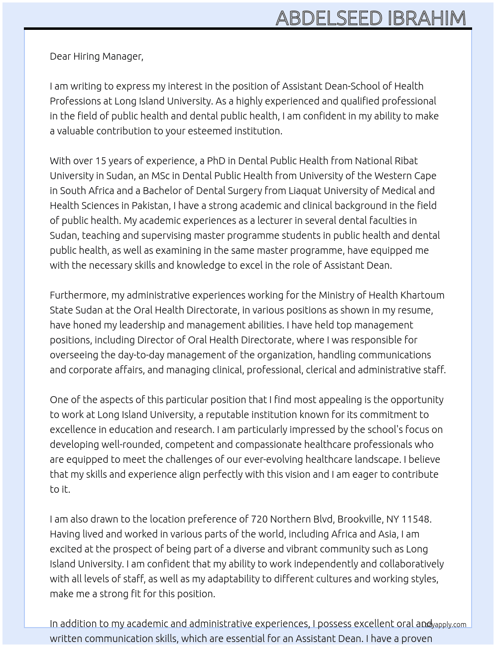 Assistant Dean-School of Health Professions At Long Island University  Cover Letter