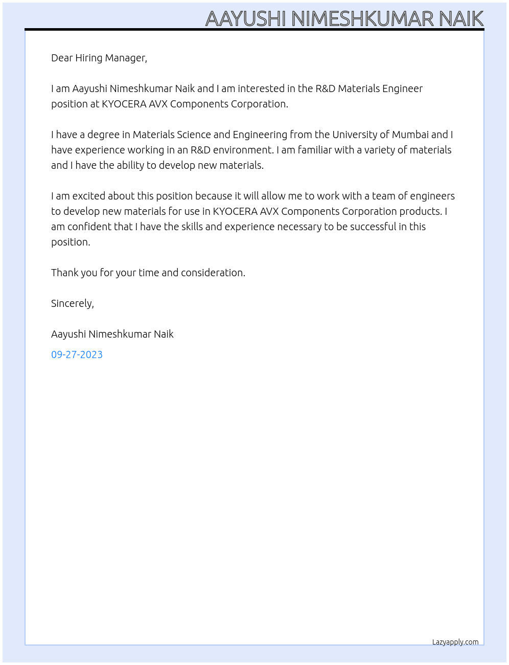  R&D Materials Engineer At KYOCERA AVX Components Corporation Cover Letter