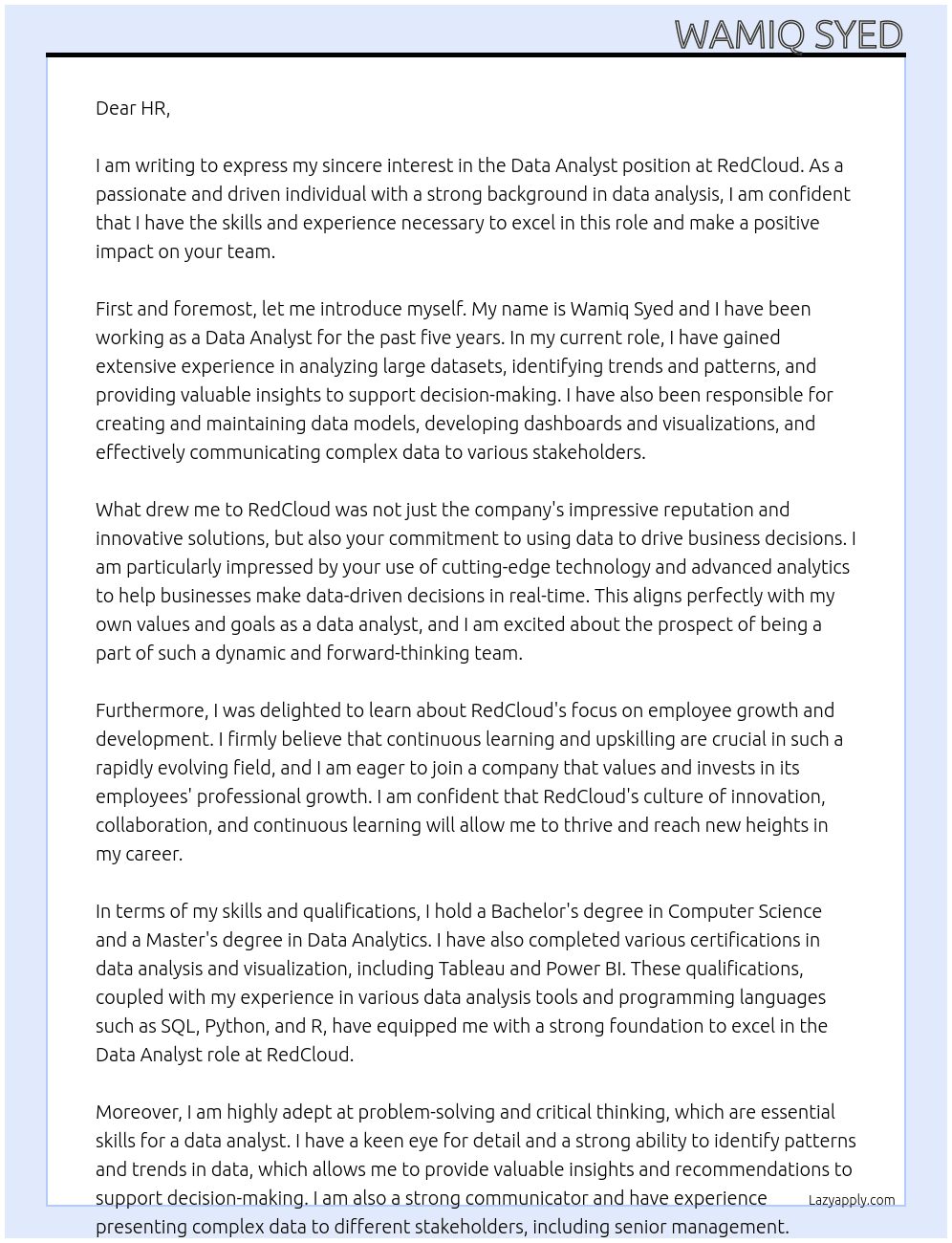Data Analyst At  RedCloud Cover Letter