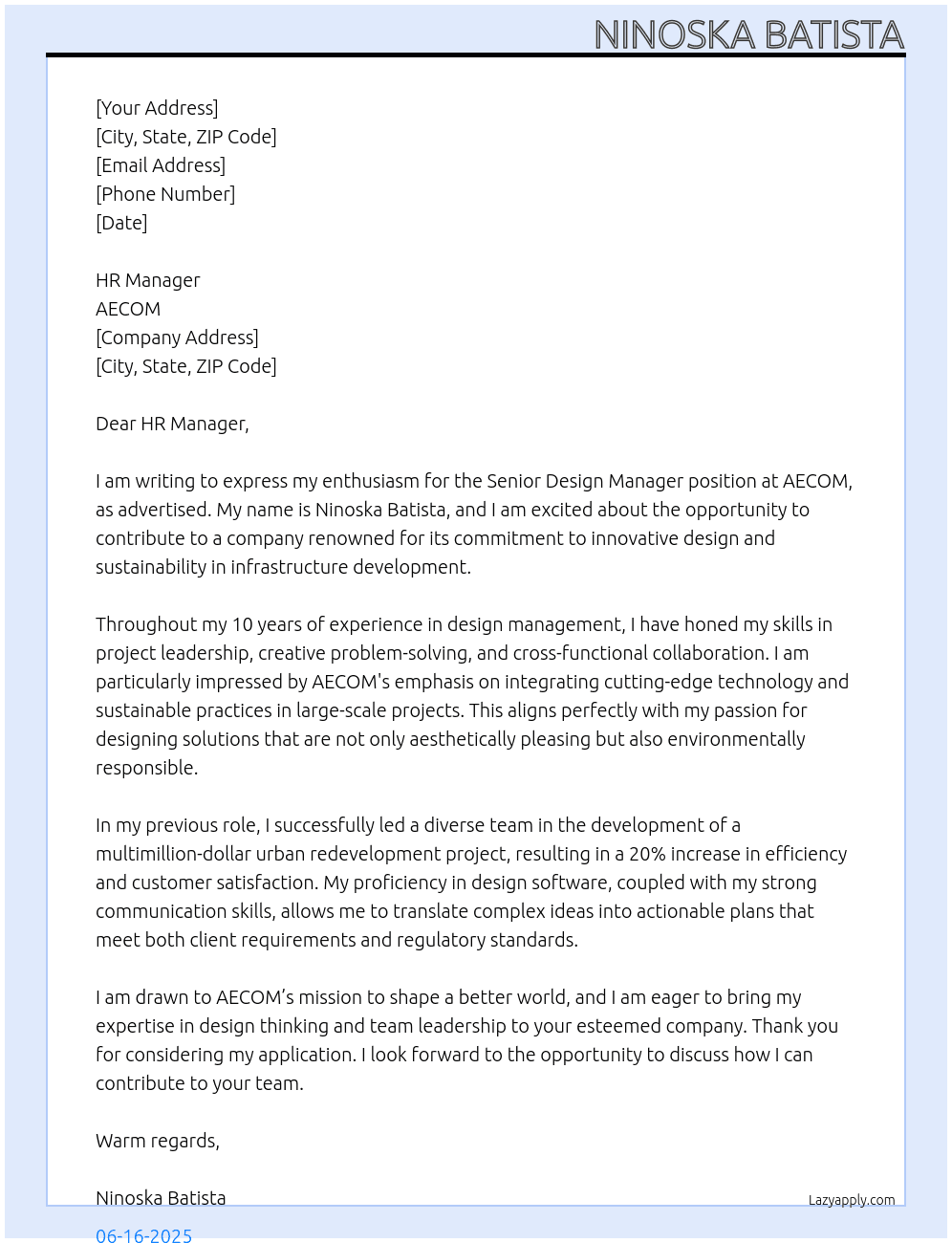Senior Design Manager At AECOM Cover Letter