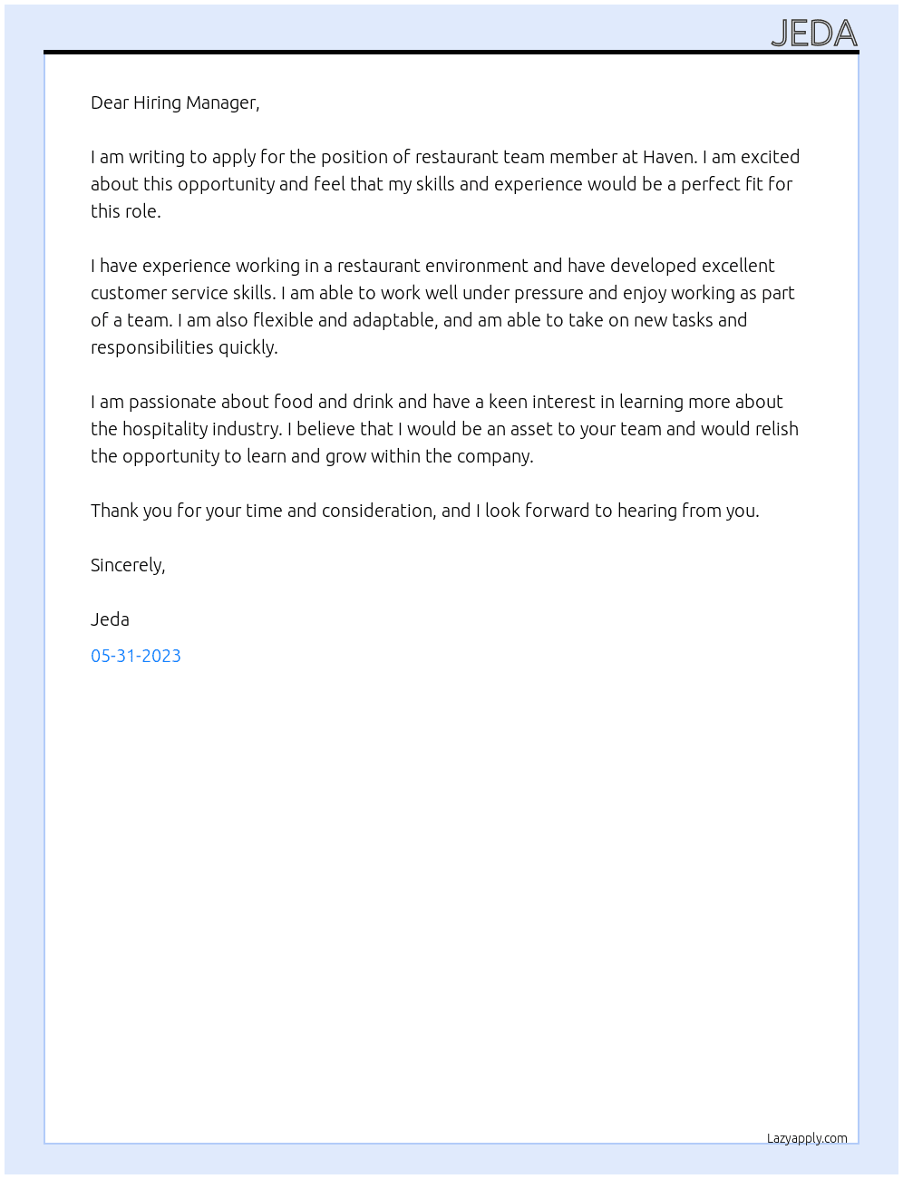 Restaurant team member At Haven Cover Letter