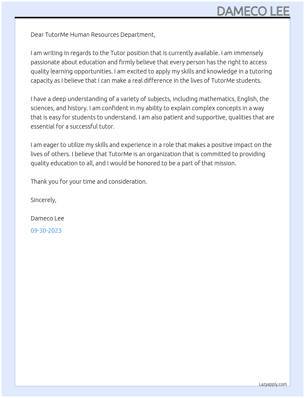 Tutor  At TUTORME Cover Letter