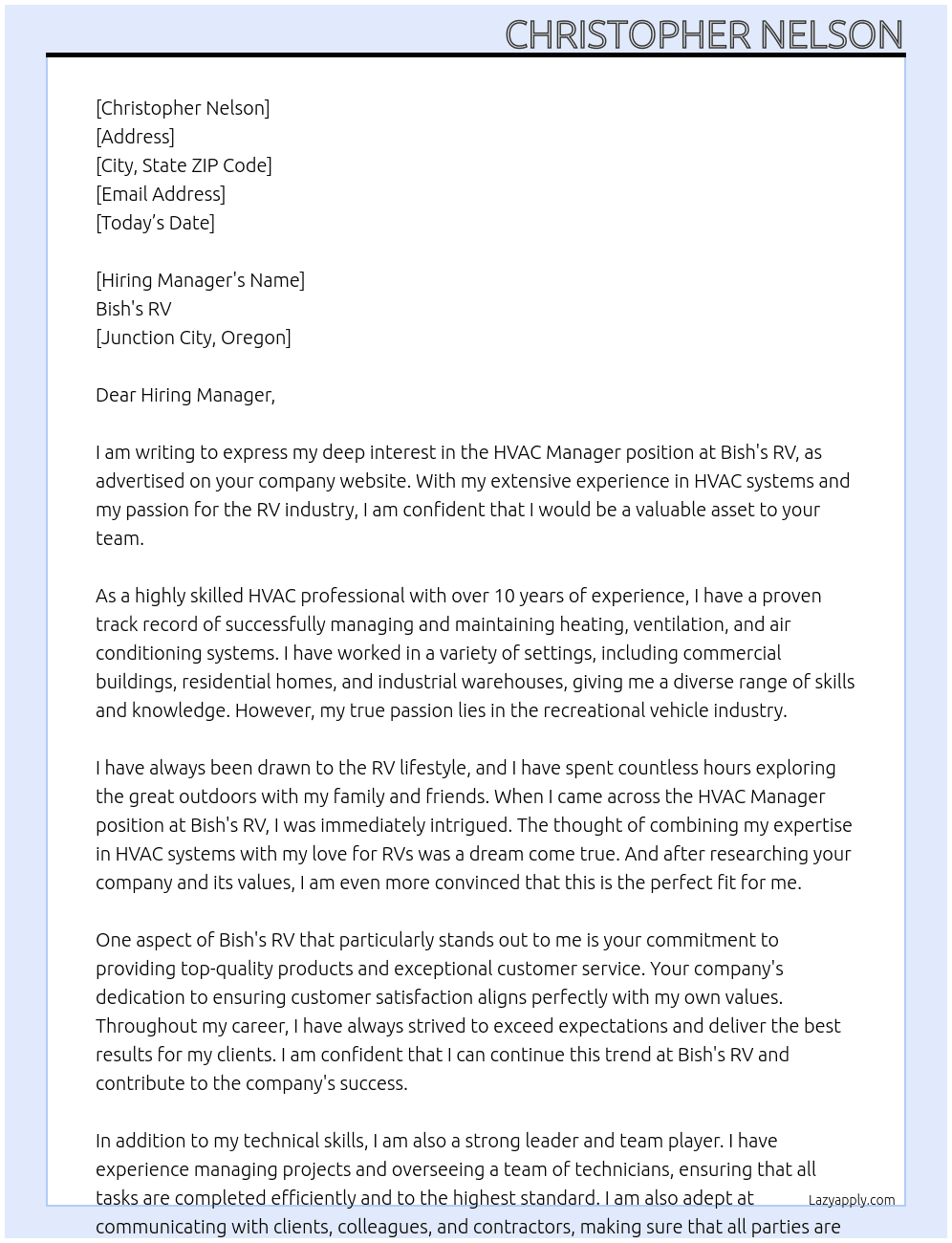 HVAC Manager At Bish's RV Cover Letter