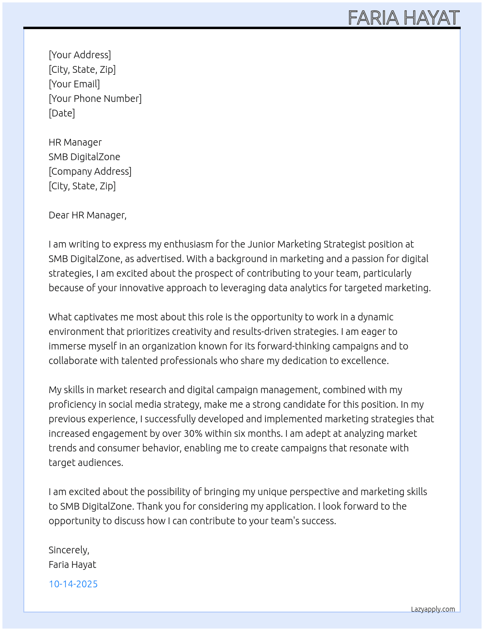 Junior marketing strategiest At SMB digitalzone Cover Letter