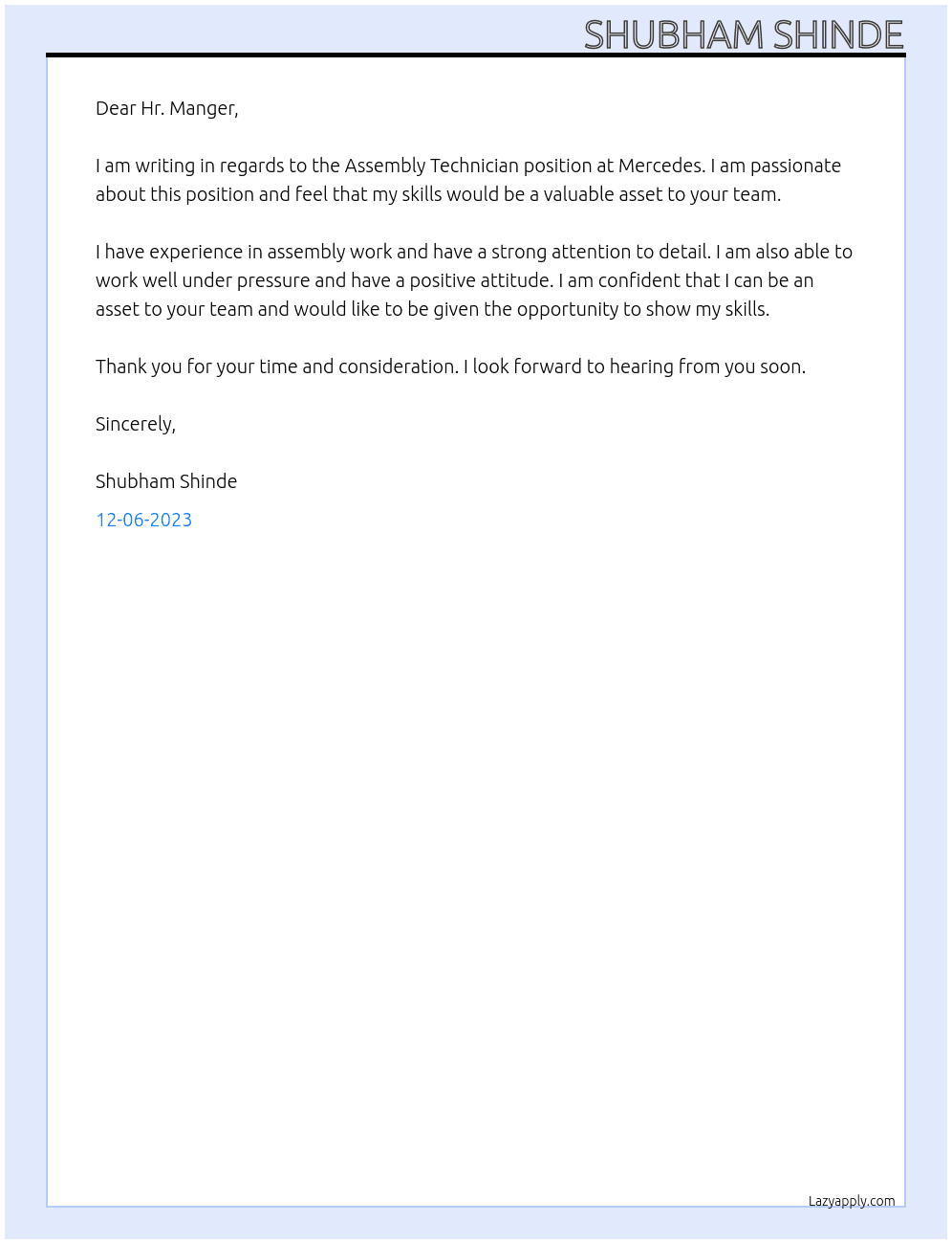  Assembly Technician  At mercedes Cover Letter
