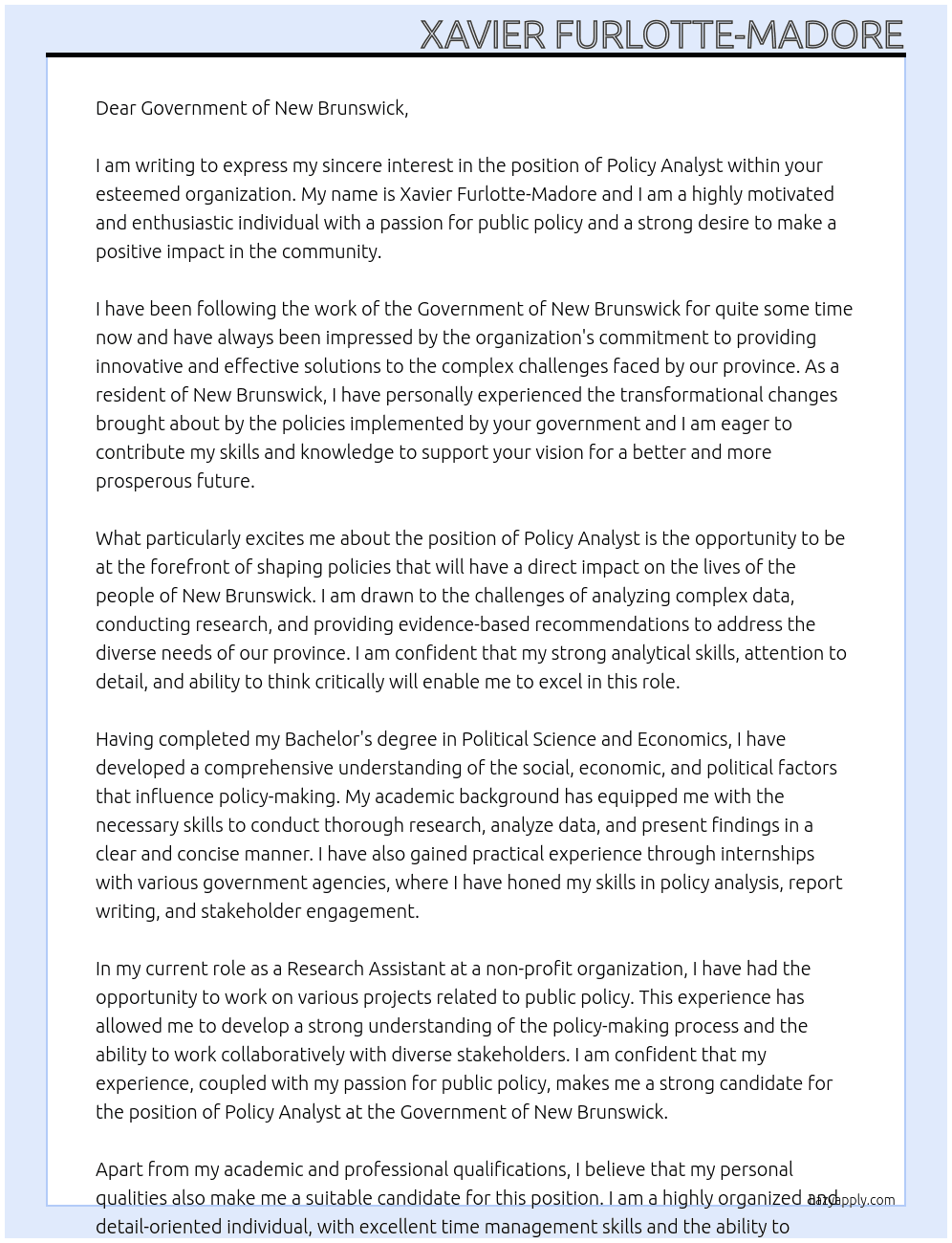 Policy Analyst At Government of New Brunswick Cover Letter