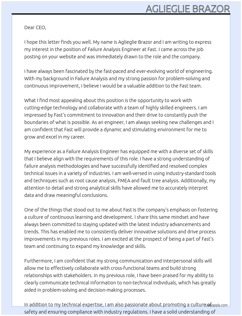 Failure analysis engineer  At Fast Cover Letter