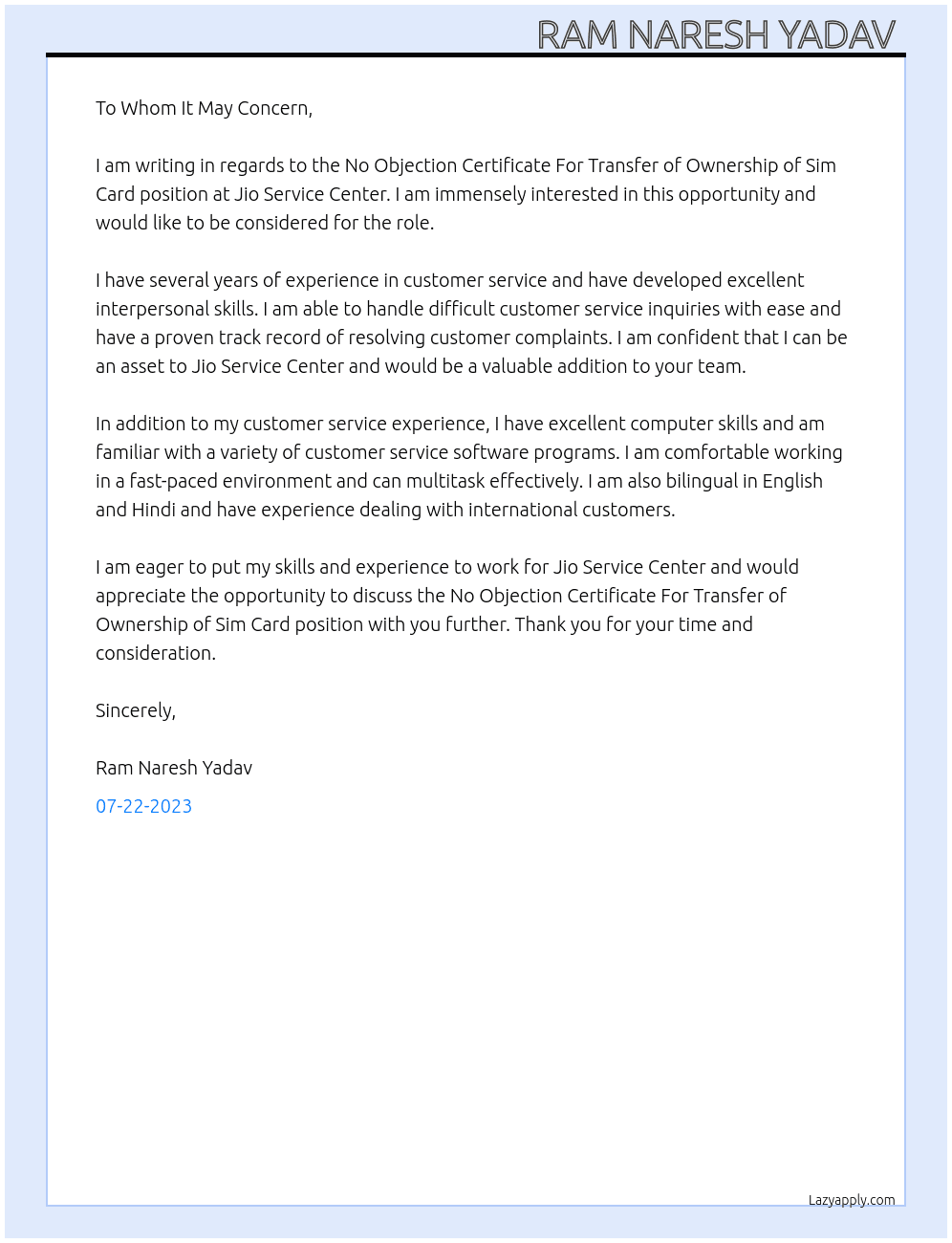 No Objection Certificate For Transfer of Ownership of Sim Card  At Ownership Transfer  Cover Letter