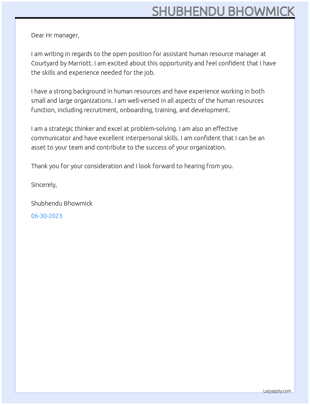 assistent human resource manager At Courtyard by Marriott Cover Letter