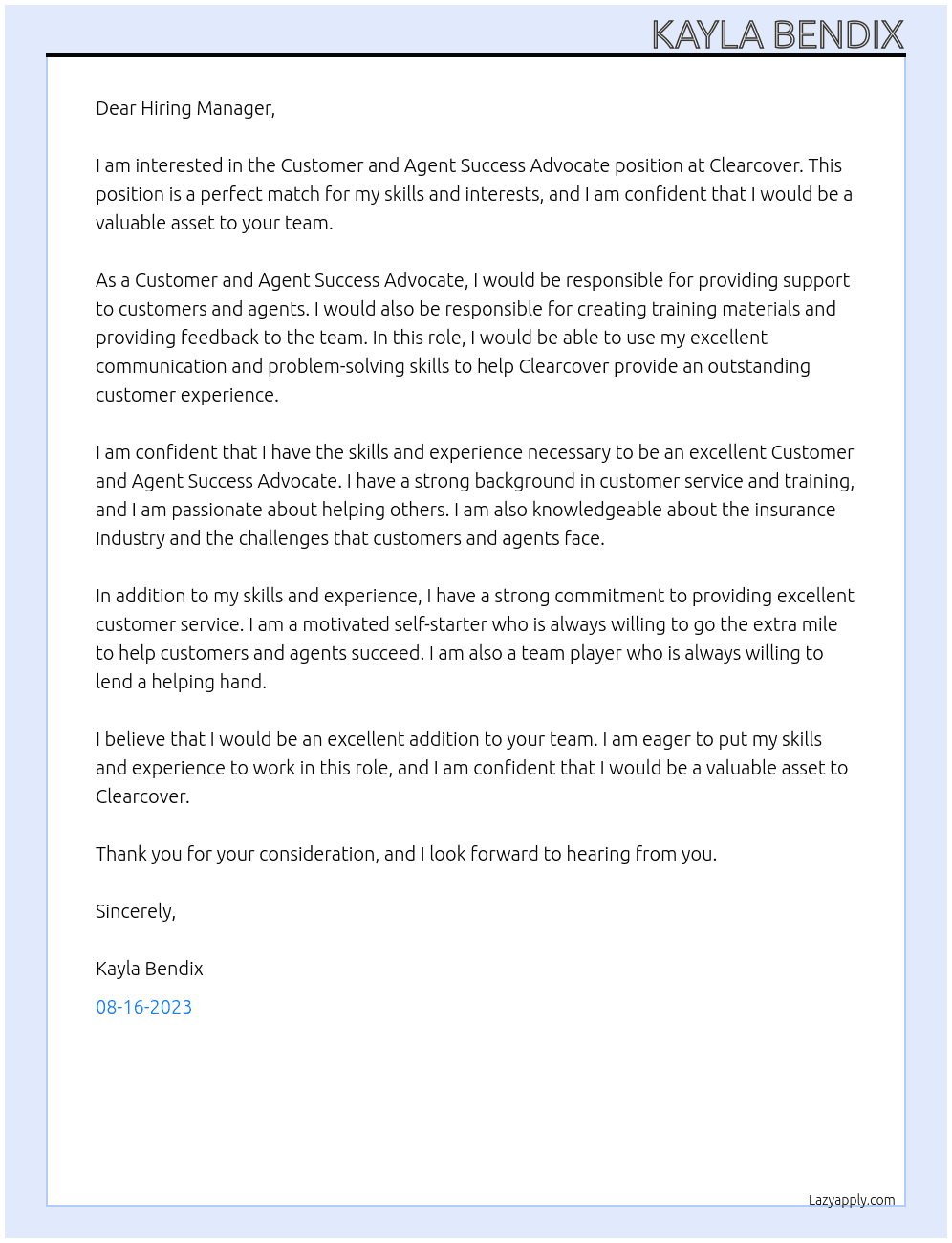 Customer and Agent Success Advocate At Clearcover Cover Letter