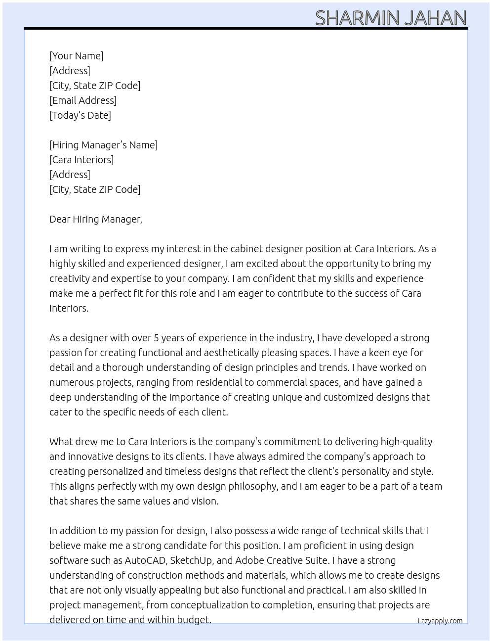 cabinet designer At Cara Interiors Cover Letter