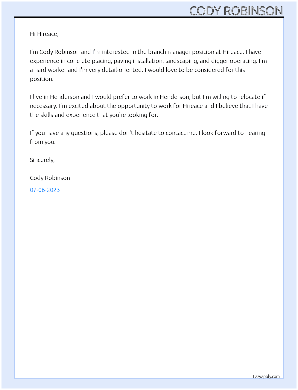 Branch manager At Hireace Cover Letter