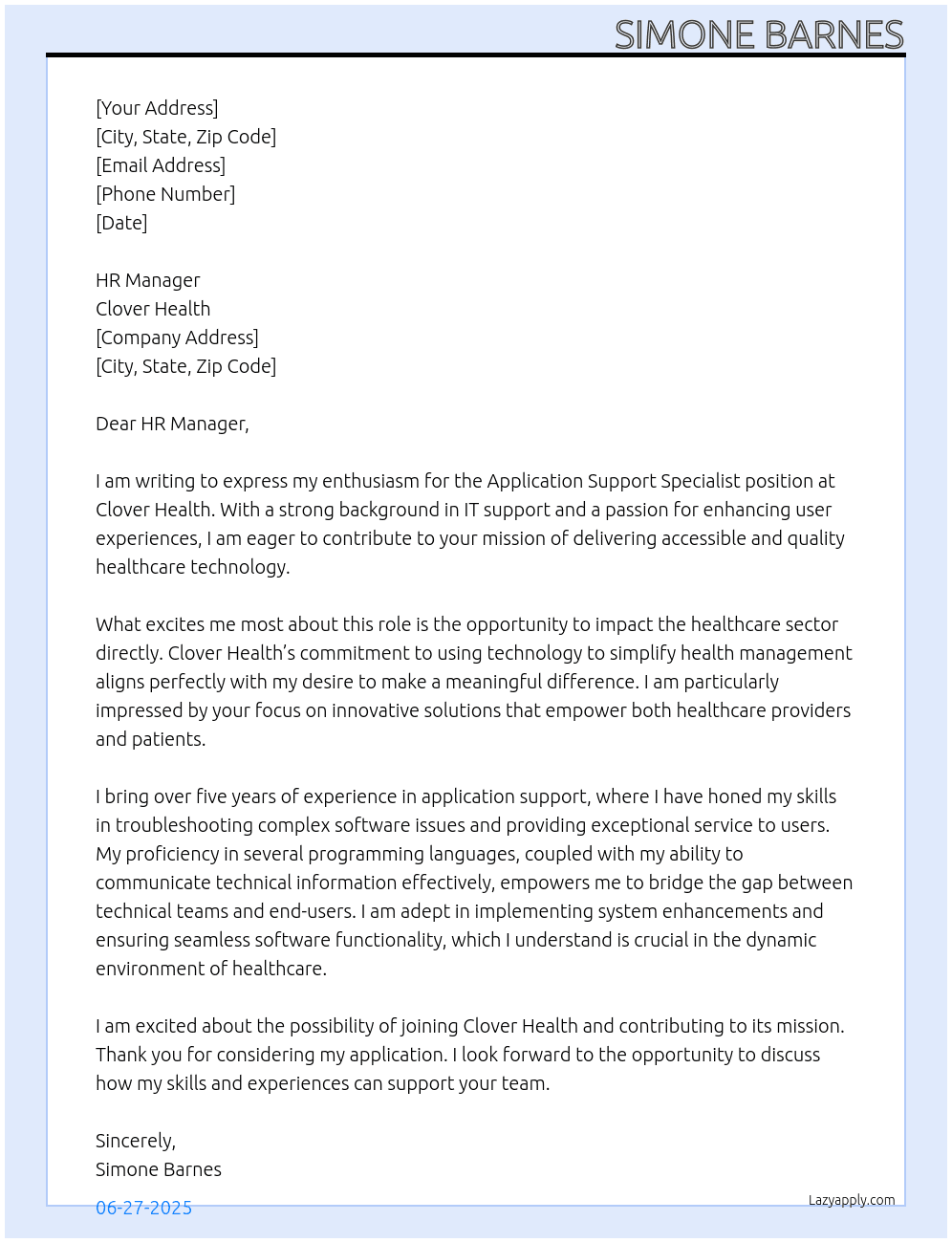 Application Support Specialist  At Clover health  Cover Letter