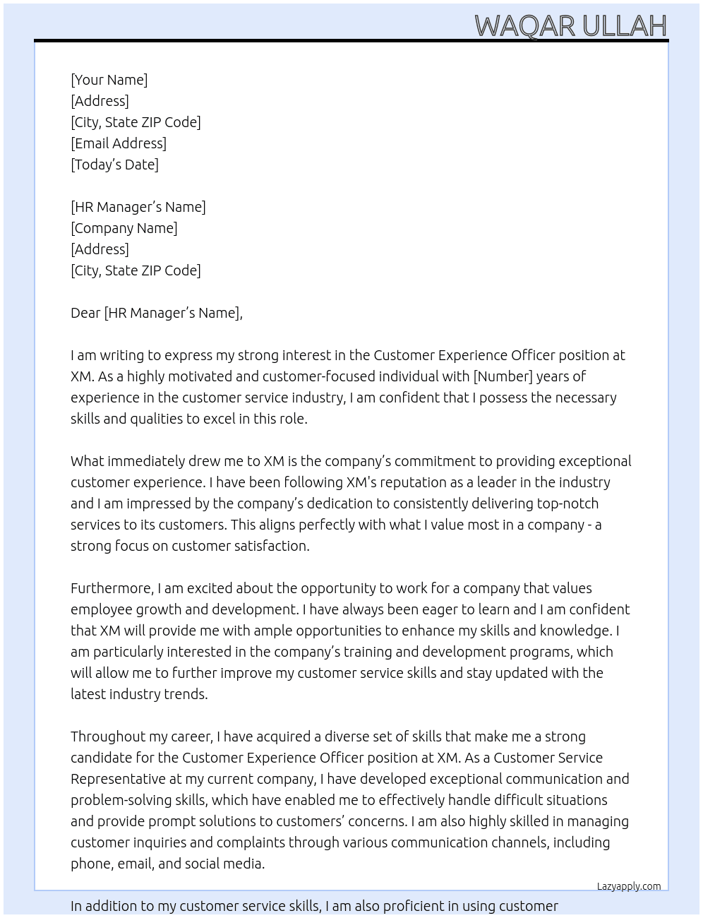 Customer Experience Officer At XM Cover Letter