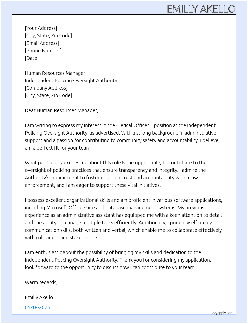 Clerical Offcer II At Independent Policing Oversight Authority Cover Letter
