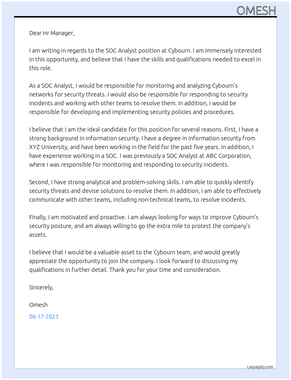 SOC Analyst At Cybourn Cover Letter