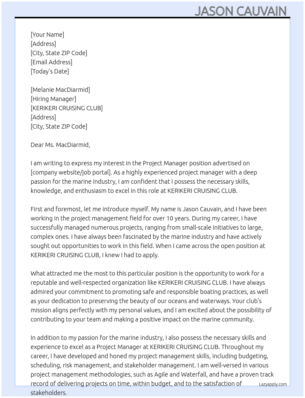 Project Manager At KERIKERI CRUISING CLUB Cover Letter
