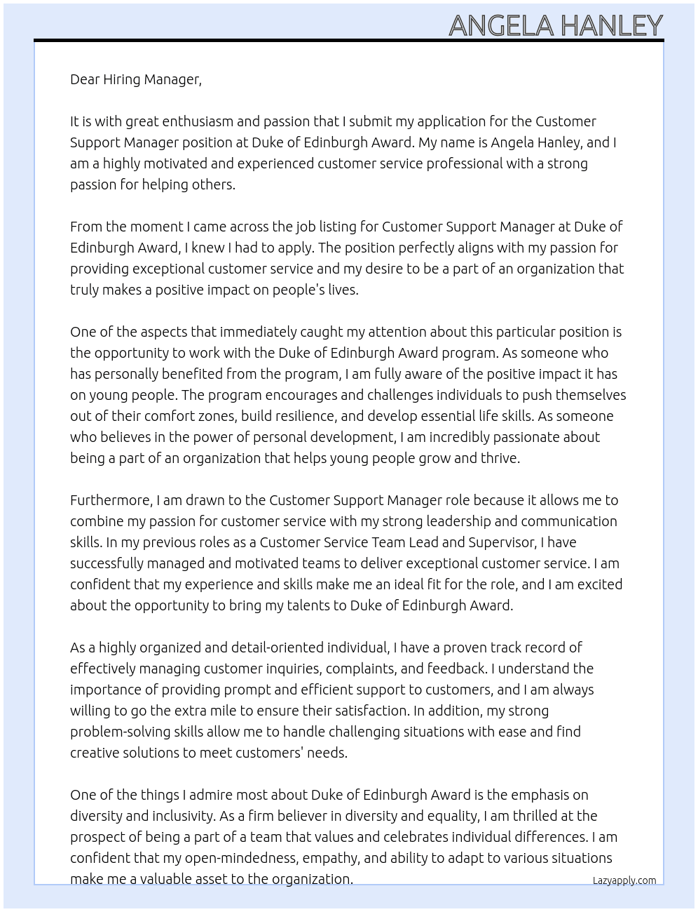 Customer Support Manager At Duke of Edinburgh Award Cover Letter